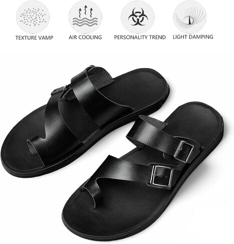 Men's Leather Slip On Flat Slide Sandals with Double Adjustable Buckle Comfort Arch Support Open Toe Soft Sole Flip Flops Summer Lightweight Anti-Slip Walking Beach Sandals in Saudi Arabia