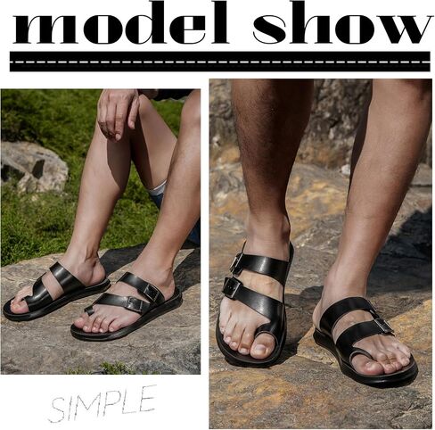 Men's Leather Slip On Flat Slide Sandals with Double Adjustable Buckle Comfort Arch Support Open Toe Soft Sole Flip Flops Summer Lightweight Anti-Slip Walking Beach Sandals in Saudi Arabia