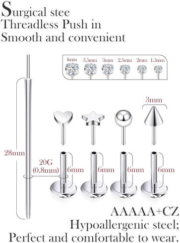 ترصيع الأنف بدون خيوط تشيكوسلوفاكيا حلقات الأنف للنساء الرجال 316L الفولاذ الجراحي دفع في أقراط مسطحة الظهر تشيكوسلوفاكيا Labret الشفاه الأنف الزنمة اللولب ثقب المجوهرات هيبوالرجينيك 20G 18G 16G in Kuwait