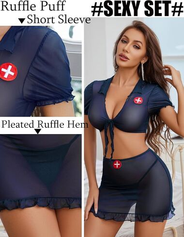 Avidlove Women Lingerie Sets Sexy Cosplay Nurse Outfits with Mesh Tie Top and Sheer Skirt Ruffled Hem in Saudi Arabia