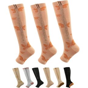 2 Pairs/3 Pairs Calf Knee High Zipper Compression Socks,15-20 mmHg Gradient Support,Open Toe Compression Stockings for Men Women,Suit for Running,Walking in Kuwait