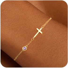 Dainty Birthstone Gold Cross Bracelets for Women Trendy 14K Real Gold Plated Inspirational Religious Faith Small Cross Bracelet Christian Baptism Birthday Gift for Women Minimalist Non Tarnish Jewelry in Saudi Arabia