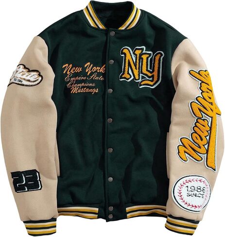 GORGLITTER Men's Letter Graphic Varsity Jacket Long Sleeve Striped Trim Button Bomber Jackets in Kuwait