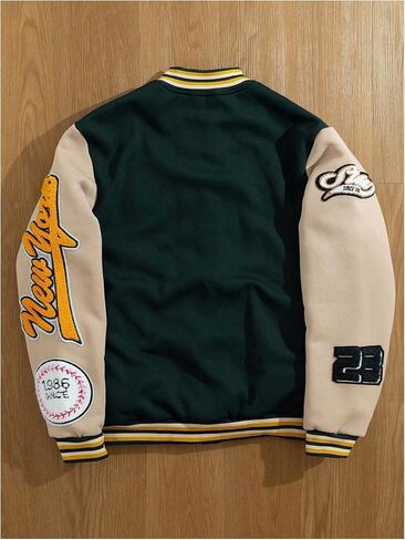 GORGLITTER Men's Letter Graphic Varsity Jacket Long Sleeve Striped Trim Button Bomber Jackets in Kuwait