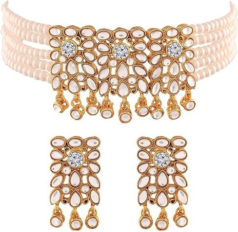 Aheli فو كوندان اللؤلؤ قلادة الأزهار فو اللؤلؤ قلادة مع القرط الهندي التقليدي بوليوود مجموعة مجوهرات العرقية هدية للنساء in Kuwait