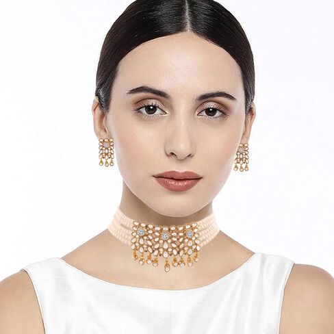 Aheli فو كوندان اللؤلؤ قلادة الأزهار فو اللؤلؤ قلادة مع القرط الهندي التقليدي بوليوود مجموعة مجوهرات العرقية هدية للنساء in Kuwait