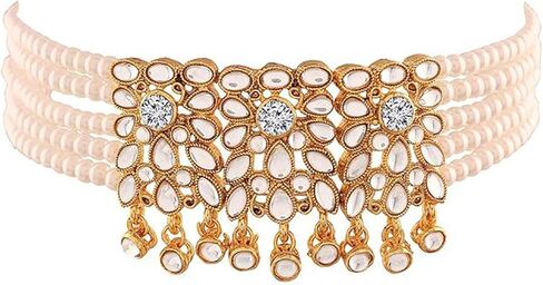 Aheli فو كوندان اللؤلؤ قلادة الأزهار فو اللؤلؤ قلادة مع القرط الهندي التقليدي بوليوود مجموعة مجوهرات العرقية هدية للنساء in Kuwait