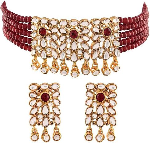 Aheli Faux Kundan Pearl Floral Choker Faux Pearl Necklace with Earring Indian Traditional Bollywood Ethnic Jewelry Set Gift for Women in Saudi Arabia