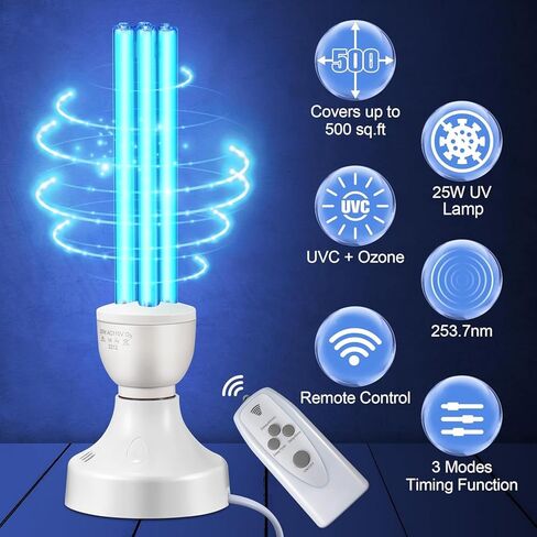 Qualirey 2 Pack 25 Watt UV Light, UVC Lamp with E27 Base and Remote Control, UV Light Bulb for Basement/Bedroom/Kitchen, with Ozone in Kuwait