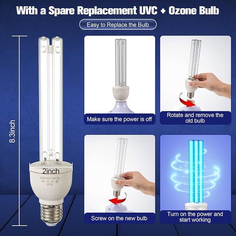 Qualirey 2 Pack 25 Watt UV Light, UVC Lamp with E27 Base and Remote Control, UV Light Bulb for Basement/Bedroom/Kitchen, with Ozone in Kuwait
