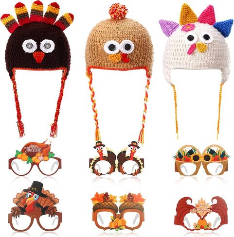 15 Pcs Thanksgiving Turkey Costume 3 Plush Turkey Hat 6 Turkey Glasses with 6 Hairpin, One Size Roasted Turkey Hat Funny Silly Hat for Thanksgiving Party Supplies in Kuwait