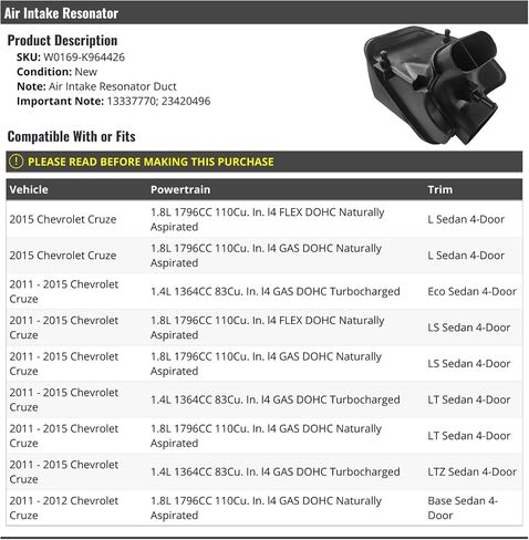 Air Intake Resonator Duct - Compatible with 2011-2015 Chevy Cruze in Saudi Arabia