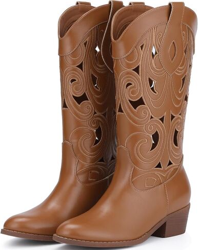 Cowboy Boots Women Cutouts Western Cowgirl Boot Embroidered Leather Boots Chunky Heel Fashion Vintage Mid Calf Boot in Kuwait