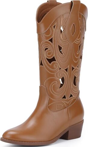 Cowboy Boots Women Cutouts Western Cowgirl Boot Embroidered Leather Boots Chunky Heel Fashion Vintage Mid Calf Boot in Kuwait