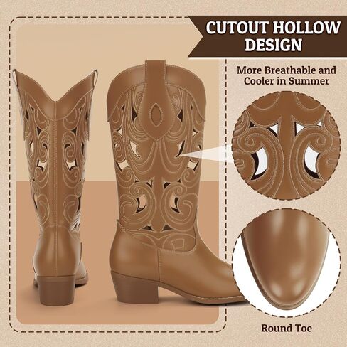 Cowboy Boots Women Cutouts Western Cowgirl Boot Embroidered Leather Boots Chunky Heel Fashion Vintage Mid Calf Boot in Kuwait