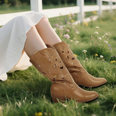 Cowboy Boots Women Cutouts Western Cowgirl Boot Embroidered Leather Boots Chunky Heel Fashion Vintage Mid Calf Boot in Kuwait