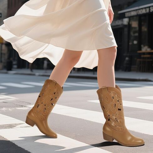 Cowboy Boots Women Cutouts Western Cowgirl Boot Embroidered Leather Boots Chunky Heel Fashion Vintage Mid Calf Boot in Kuwait