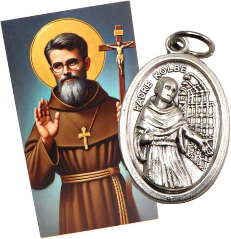 Westmon Works St Maximilian Kolbe Medal Pendant Set with Italian Metal Medallion and Holy Prayer Card in Saudi Arabia