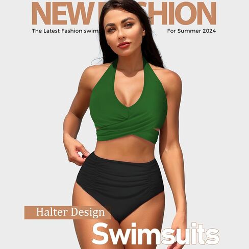 Women's High Waist Bikini Set Tummy Control Ruched Swimsuit Cross Back Lace Up Halter Two Piece Swimwear in Saudi Arabia