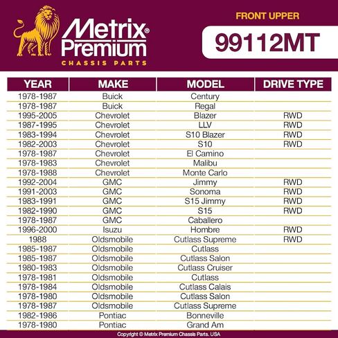 أجزاء الهيكل الفاخرة من Metrix - طقم جلبة ذراع التحكم العلوي مكون من قطعتين يناسب 78-87 Buick Century، 95-05 شيفروليه بليزر RWD، 91-03 GMC Sonoma، 78-81 Pontiac LeMans، استبدال K6176، صنع في أوروبا in Saudi Arabia