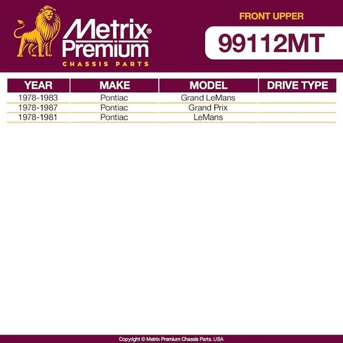 أجزاء الهيكل الفاخرة من Metrix - طقم جلبة ذراع التحكم العلوي مكون من قطعتين يناسب 78-87 Buick Century، 95-05 شيفروليه بليزر RWD، 91-03 GMC Sonoma، 78-81 Pontiac LeMans، استبدال K6176، صنع في أوروبا in Saudi Arabia