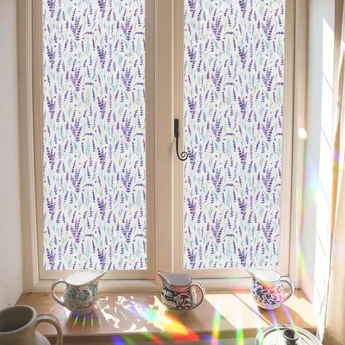 Stained Glass Window Privacy Film, Removable Static Cling Purple Lavender Floral Frosted Film Decorative UV Resistant, Window Clings Privacy Film for Bathroom Glass Windows 17.52" x 78.74" in Kuwait