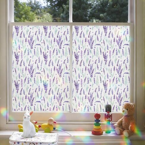 Stained Glass Window Privacy Film, Removable Static Cling Purple Lavender Floral Frosted Film Decorative UV Resistant, Window Clings Privacy Film for Bathroom Glass Windows 17.52" x 78.74" in Kuwait