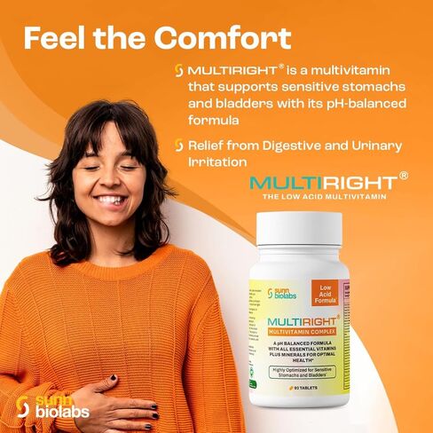 متعدد الحقوق | فيتامينات متعددة منخفضة الحموضة للمعدة الحساسة والمثانة أو IC | 14 فيتامين و14 معدن | صديق للمثانة، درجة حموضة متوازنة | سهل الهضم وأقل حمضية | فيتامين سي مخفف | 90 حبة in Kuwait
