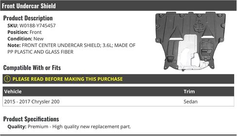Front Lower Engine Cover Undercar Shield - Compatible with 2015-2017 Chrysler 200 3.6L Sedan in Saudi Arabia