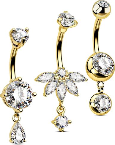 OUFER 3PCS Gold Dangle Belly Button Rings, 316L Surgical Steel Belly Rings for Women Dangling, 14G Flower Crystal Navel Piercing Jewelry, Clear CZ Curved Barbells in Saudi Arabia