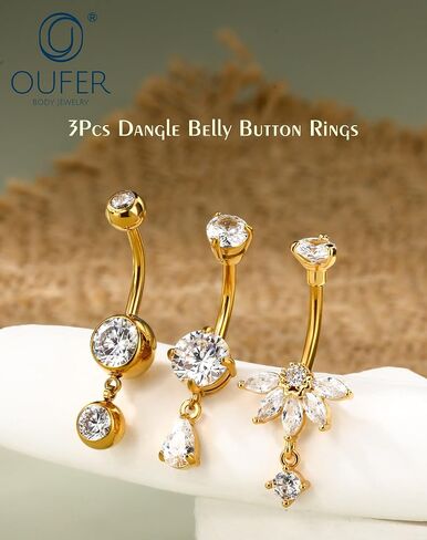 OUFER 3PCS Gold Dangle Belly Button Rings, 316L Surgical Steel Belly Rings for Women Dangling, 14G Flower Crystal Navel Piercing Jewelry, Clear CZ Curved Barbells in Saudi Arabia