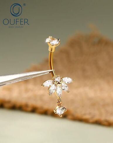 OUFER 3PCS Gold Dangle Belly Button Rings, 316L Surgical Steel Belly Rings for Women Dangling, 14G Flower Crystal Navel Piercing Jewelry, Clear CZ Curved Barbells in Saudi Arabia