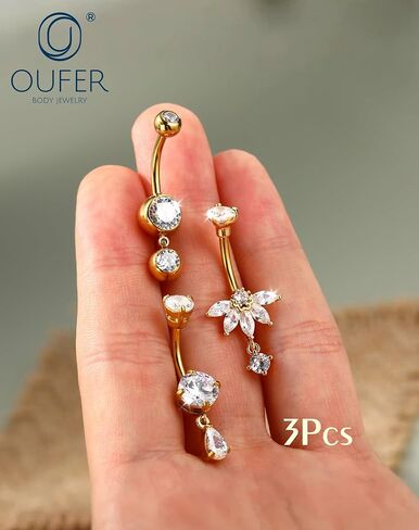 OUFER 3PCS Gold Dangle Belly Button Rings, 316L Surgical Steel Belly Rings for Women Dangling, 14G Flower Crystal Navel Piercing Jewelry, Clear CZ Curved Barbells in Saudi Arabia