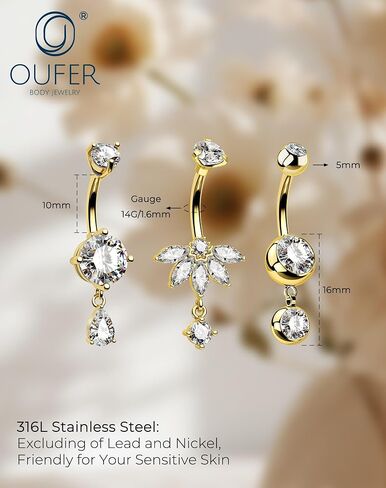 OUFER 3PCS Gold Dangle Belly Button Rings, 316L Surgical Steel Belly Rings for Women Dangling, 14G Flower Crystal Navel Piercing Jewelry, Clear CZ Curved Barbells in Saudi Arabia