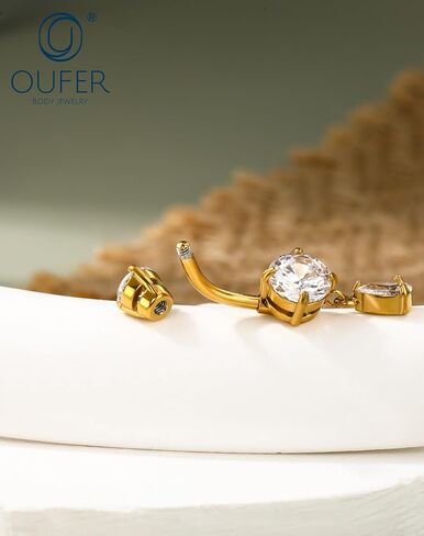 OUFER 3PCS Gold Dangle Belly Button Rings, 316L Surgical Steel Belly Rings for Women Dangling, 14G Flower Crystal Navel Piercing Jewelry, Clear CZ Curved Barbells in Saudi Arabia