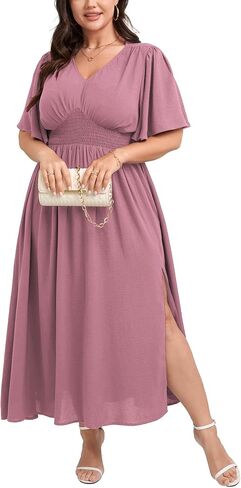 SCOMCHIC Women Plus Size Maxi Formal Dresses Wedding Guest Cocktail Short Sleeve V Neck Smocked Slit Long Flowy Dress in Saudi Arabia