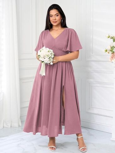 SCOMCHIC Women Plus Size Maxi Formal Dresses Wedding Guest Cocktail Short Sleeve V Neck Smocked Slit Long Flowy Dress in Saudi Arabia