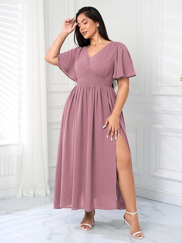 SCOMCHIC Women Plus Size Maxi Formal Dresses Wedding Guest Cocktail Short Sleeve V Neck Smocked Slit Long Flowy Dress in Saudi Arabia