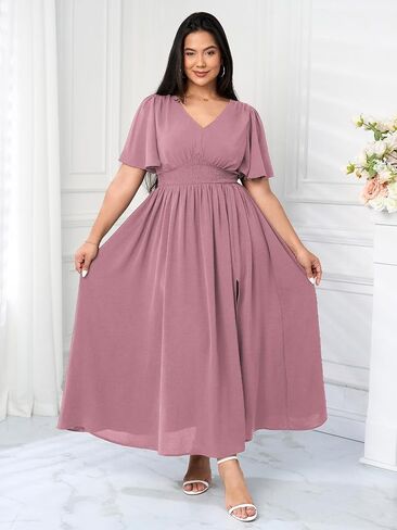SCOMCHIC Women Plus Size Maxi Formal Dresses Wedding Guest Cocktail Short Sleeve V Neck Smocked Slit Long Flowy Dress in Saudi Arabia
