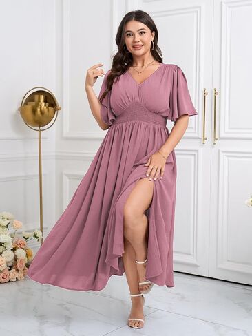 SCOMCHIC Women Plus Size Maxi Formal Dresses Wedding Guest Cocktail Short Sleeve V Neck Smocked Slit Long Flowy Dress in Saudi Arabia