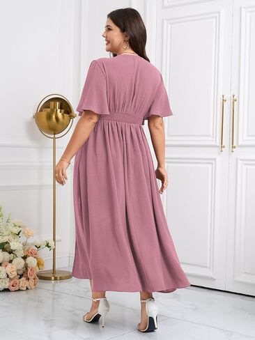 SCOMCHIC Women Plus Size Maxi Formal Dresses Wedding Guest Cocktail Short Sleeve V Neck Smocked Slit Long Flowy Dress in Saudi Arabia
