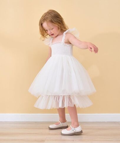 Flower Girls Dress for Wedding Boho Toddler Girls Ruffle Tulle Elegant with Sleeves Garden Party Beach Holiday in Kuwait