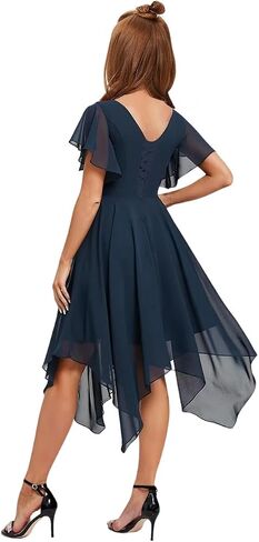 Short Junior Bridesmaid Dresses for Teen Girls Formal Dress Chiffon V-Neck Flutter Sleeve Flower Girl Dress Asymmetrical in Saudi Arabia