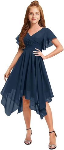 Short Junior Bridesmaid Dresses for Teen Girls Formal Dress Chiffon V-Neck Flutter Sleeve Flower Girl Dress Asymmetrical in Saudi Arabia