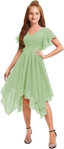 Short Junior Bridesmaid Dresses for Teen Girls Formal Dress Chiffon V-Neck Flutter Sleeve Flower Girl Dress Asymmetrical in Saudi Arabia