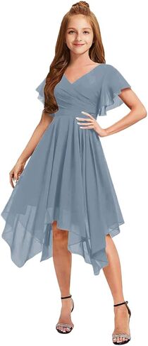Short Junior Bridesmaid Dresses for Teen Girls Formal Dress Chiffon V-Neck Flutter Sleeve Flower Girl Dress Asymmetrical in Saudi Arabia