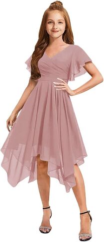Short Junior Bridesmaid Dresses for Teen Girls Formal Dress Chiffon V-Neck Flutter Sleeve Flower Girl Dress Asymmetrical in Saudi Arabia