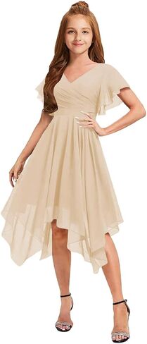 Short Junior Bridesmaid Dresses for Teen Girls Formal Dress Chiffon V-Neck Flutter Sleeve Flower Girl Dress Asymmetrical in Saudi Arabia