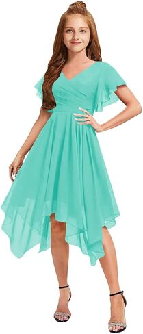 Short Junior Bridesmaid Dresses for Teen Girls Formal Dress Chiffon V-Neck Flutter Sleeve Flower Girl Dress Asymmetrical in Saudi Arabia