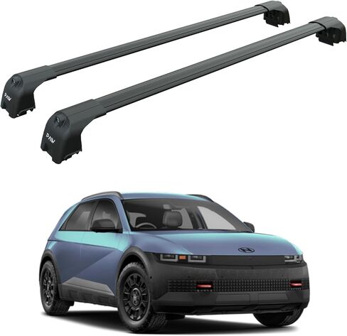 قضبان متقاطعة لرف السقف لشركة Hyundai Ioniq 5 (2025–Up) - تناسب قضبان السقف المتدفقة/المدمجة، حامل مشبك السكك الحديدية، سعة 330 رطلاً، قضبان فتحة T من الألومنيوم، قابلة للقفل، تركيب عالي التحمل بدون حفر (أسود) in Kuwait